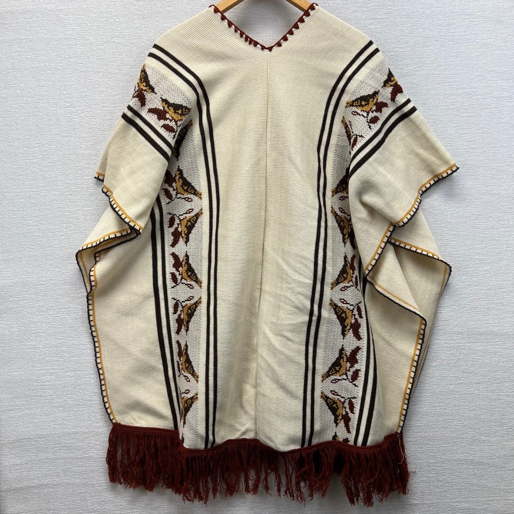 Vintage 70s Sweater Poncho Serape Womens OS Cream Brown Fringe Tie Front Cape - Picture 10 of 10